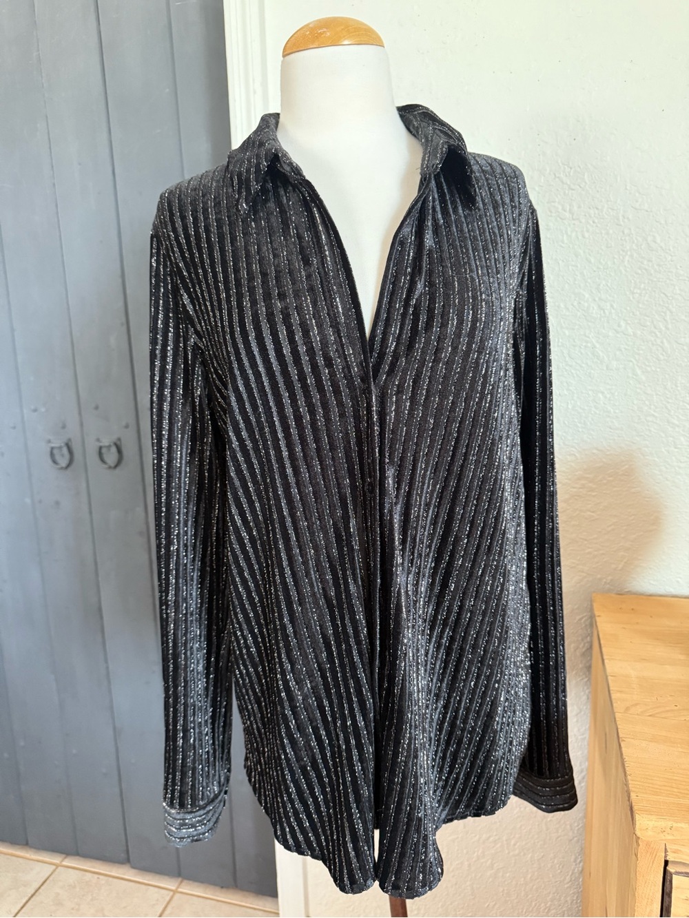 L'AGENCE Black Metallic-Striped Button Down Blouse